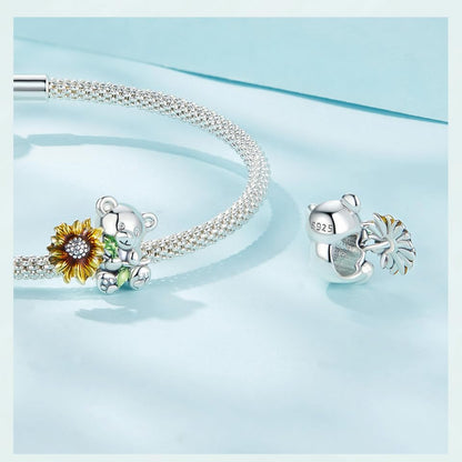 BISAER 925 Sterling Silver Charms for Bracelets Cat Dog Sloth Animal Beads Butterfly Fairy Heart Dangle Pendant Charms - color: Bear Flower
