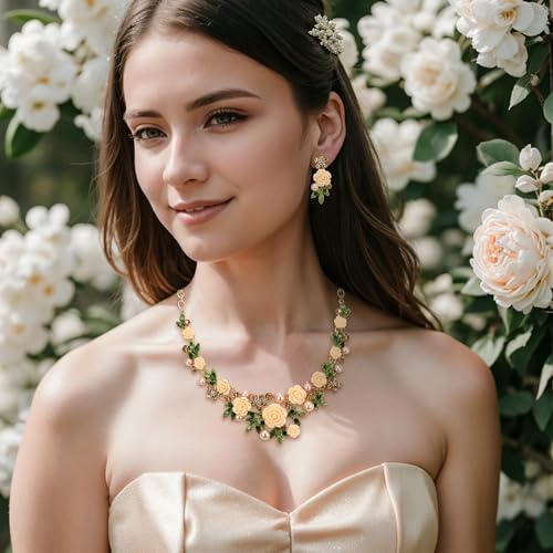 EVER FAITH Costume Jewelry Crystal Simulated Pearl Rose Flower Leaf Prom Party Statement Necklace Earrings Bracelet Set for Women - color: Topaz Color Gold-Tone
