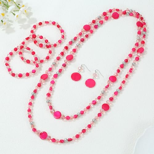 Trendy Infinity Wrap 60’’ Long Statement Necklace, Earrings and Bracelet Set - Hand Knotted Versatile Crystal and Shell Beads Strand Necklace and Chunky Beaded Stretch Bracelet Stack – Jewelry Set Gift for Women - color: hot pink