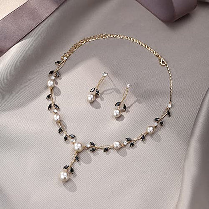EVER FAITH Cubic Zirconia Pearl Leaf Vine Wedding Jewelry Set for Bride | Crystal Filigree Bridal Necklace Earrings, for Women Bridesmaid - color: 2pcs_Black Gold-Plated-Brass