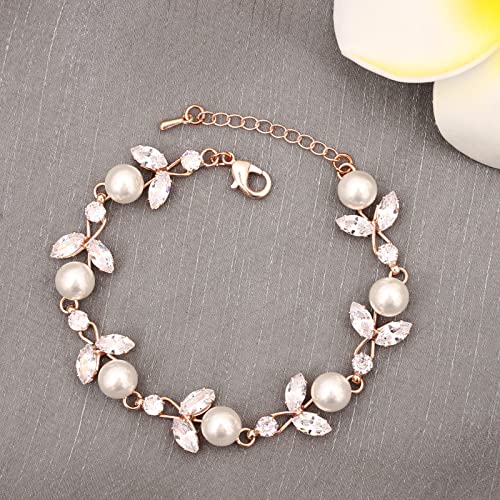 Luxury Cubic Zirconia Aurtrian Crystal Pearl Floral Necklace Dangle Earrings Wedding Bridal Jewelry Set Birthday Gifts for Her - color: Style2-Clear-Rose Gold Plated