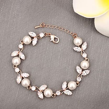 Luxury Cubic Zirconia Aurtrian Crystal Pearl Floral Necklace Dangle Earrings Wedding Bridal Jewelry Set Birthday Gifts for Her - color: Style2-Clear-Rose Gold Plated