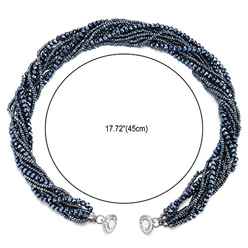 COOLSTEELANDBEYOND Multi-Layer Beads Crystal Braided Chain Choker Collar Magnetic Clasp,Statement Necklace, Bracelet - color: D-Necklace Dark Blue Color