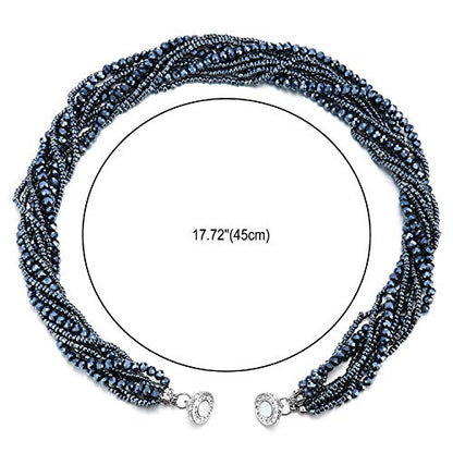 COOLSTEELANDBEYOND Multi-Layer Beads Crystal Braided Chain Choker Collar Magnetic Clasp,Statement Necklace, Bracelet - color: D-Necklace Dark Blue Color