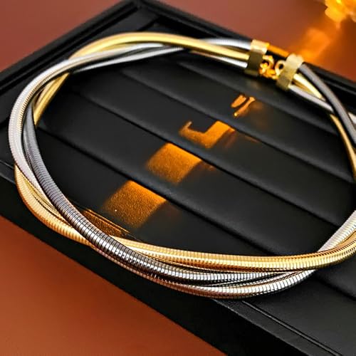 Chunky Gold Statement Choker Neckalce for Women Layered Snakebone Chain Collar Necklace Twist Wrap Stainless Steel Choker Punk Aesthetic Jewelry Gifts - color: Gold Silver