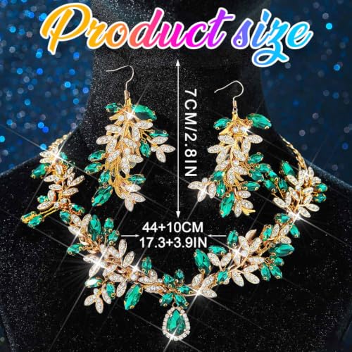 Green Rhinestone Indian Jewelry Set Gold Bridal Wedding Necklace and Earrings Sets Prom Costume Jewelry for Women and Brides - color: Gold Green