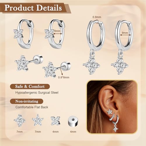 14K Gold Hoop Dangle Stud Earrings Surgical Steel Helix Piercing | Hypoallergenic,Cubic Zirconia,3 Pairs Huggie Hoop Set for Women,Dangle Stud,Cartilage Tragus Conch Earring,Jewelry Gift - color: K2-Silver Clover CZ