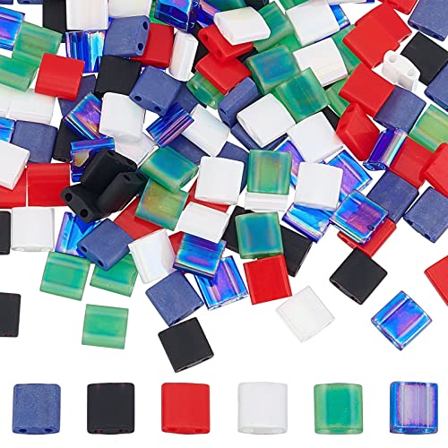 SUNNYCLUE 1 Box 180Pcs Two Hole Beads 5mm Tila Beads 2 Hole Glass Seed Bead Miyuki Tila Mix Beaded Set Flat Square Bead Loose Spacer Beads for Jewelry Making Beading Kit Necklace Bracelets Adult - color: 180pcs 6 Colors Dark Colorful Glass Beads