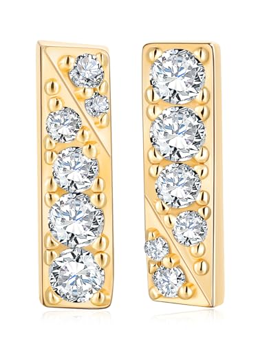 All Moissanites Sparkly Geometric Stud Earrings for Women, Solid 925 Sterling Silver with Rhodium/Gold Plated Hypoallergenic, Lightweight Comfy Earrings - color: Bar - Yellow Gold