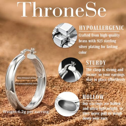 8mm Wide Gold Hoop Earrings for Women Hypoallergenic 925 Sterling Silver post Lightweight Large 14k Chunky Gold Hoop Earrings for Women 20/30/40/50/60mm - color: silver 40mm
