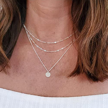 Aisansty Dainty Layered Choker Necklaces Handmade Coin Tube Star Pearl Pendant Multilayer Adjustable Layering Chain Gold Plated Necklaces Set for Women - color: Silver, style: Silver Bar Chain&Coin