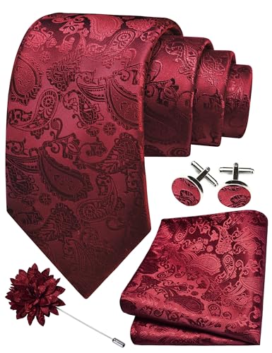 GUSLESON 3.15"（8cm） Mens Paisley Tie and Lapel Pin Necktie Hankerchief Cufflinks Set for Men - color: Burgundy