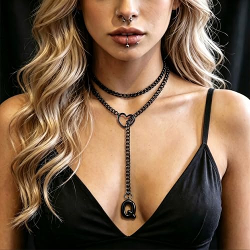 Black Heart Slip Chain Initial Necklaces for Women, Stainless Steel Wrap Choker Necklace, Gothic O-Ring Adjustable Lariat Y Necklaces, Punk Cuban Collar Choker Necklace, Halloween Jewelry Gift - color: Black Q