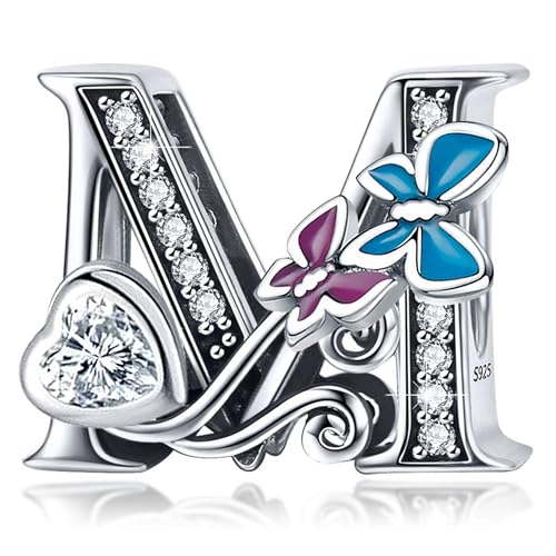 S925 Silver Butterfly Initial Letter Charms Fit for Pandora Charms Bracelets and Necklace Alphabet Bead Charms Jewelry Gifts for Women - color: M