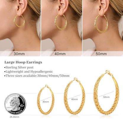 Senteria 925 Sterling Silver Post Twisted Hoop Earrings for Women 30-50MM | Hypoallergenic Large Silver Hoop Earrings for Women,Lightweight Thick Weave Braid Hoops,Nickel Lead-Free for Sensitive Ears - color: 50MM Gold