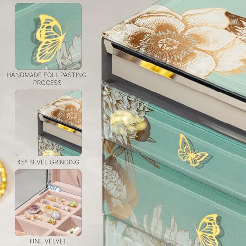High End Glass Jewelry Box, 3 Layer Jewelry Organizer, Velvet-Lined Case For Ring, Necklace, Earring, Bracelet Storage,Ideal Gift for Her (Bird & Floral) | Large Jewelry Organizer, Velvet-Lined Case, For Ring, Necklace, Earring, Bracelet Watches Storage,