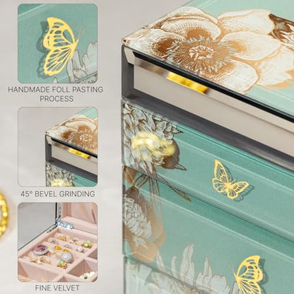 High End Glass Jewelry Box, 3 Layer Jewelry Organizer, Velvet-Lined Case For Ring, Necklace, Earring, Bracelet Storage,Ideal Gift for Her (Bird & Floral) | Large Jewelry Organizer, Velvet-Lined Case, For Ring, Necklace, Earring, Bracelet Watches Storage,