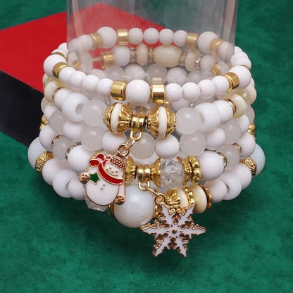 WETMT 5 PCS Christmas Bracelets for Women Acrylic Green White Bead Elastic Christmas Tree Snowflakes Stretch Bracelets Stack Holiday Party Jewelry Gifts Stocking Stuffers - color: white