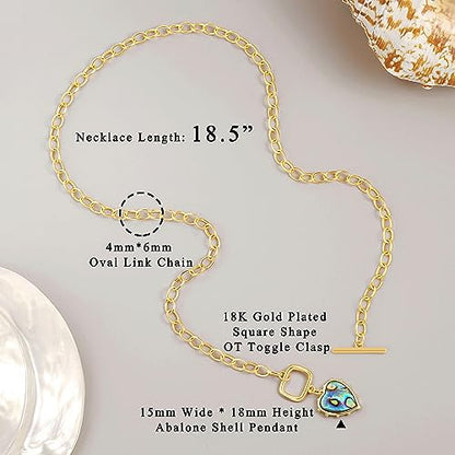 Aobei Pearl 18K Gold Plated Moon Star Lion Evil Eye Love Heart Cross Pendant Necklace Medallion Paperclip Chian Choker Layering Jewery for Women - color: Blue-green Abalone Shell
