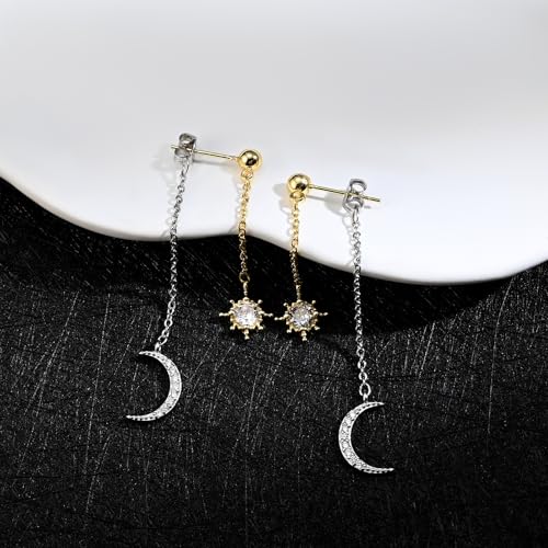 Moon and Star Dangle Earrings | Chain Tassel with Cubic Zirconia Drop Front and Back Earrings Celestial Jewelry for Wedding Gift - color: Gold and Silver