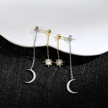 Moon and Star Dangle Earrings | Chain Tassel with Cubic Zirconia Drop Front and Back Earrings Celestial Jewelry for Wedding Gift - color: Gold and Silver