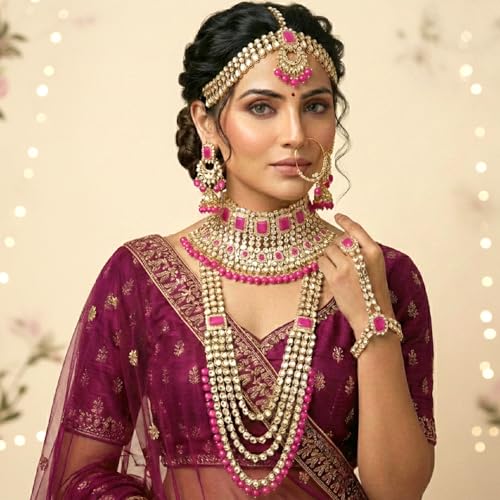 Aheli Traditional Wedding Indian Bharatanatyam jewellery set Long Choker Necklace Earrings Maang Tikka Nath Paasa Hath Phool for Women - color: Rani Pink