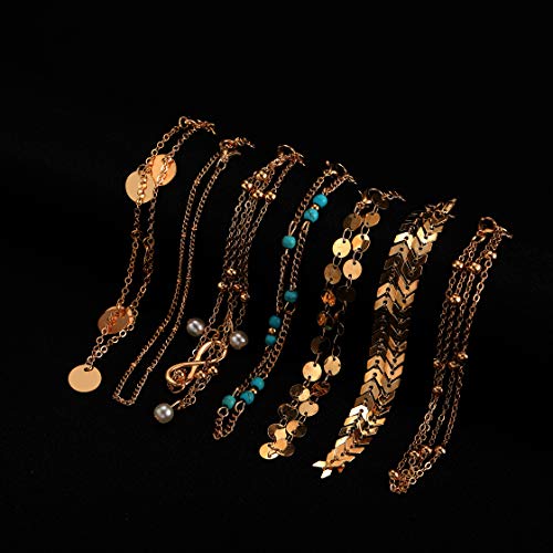 Softones 16Pcs Ankle Bracelets for Women Gold Silver Two Style Chain Beach Anklet Bracelet Jewelry Anklet Set,Adjustable Size - color: B:Gold