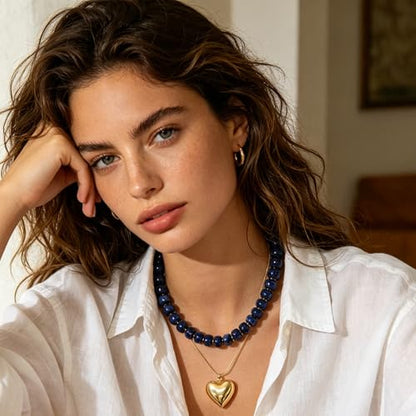 YUJIE Chunky Heart Pendant Necklace for Women- Exaggerated Statement Puff Heart Necklace with Acrylic Beaded Chain - color: B-NAVY BLUE