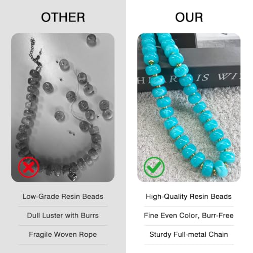 Colorful Chunky Resin Beaded Choker Necklaces for Women | Multicolor Beads, Sturdy Metal Chain, Adjustable, Detachable, Lightweight, Summer Beach Boho, Trendy Statement Jewelry Gift - color: Lake Blue