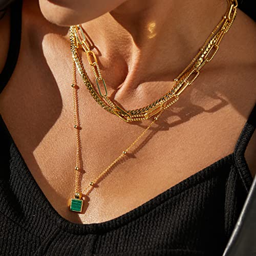 FRUMOS Dainty Layered Choker Necklace 18k gold Plated Y Pendant Commemorative coin Necklace Multilayer Bar Disc Necklace Adjustable Layering Choker Necklaces fashion jewelry for Women Girls - color: Square malachite Pendant