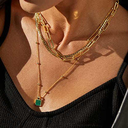 FRUMOS Dainty Layered Choker Necklace 18k gold Plated Y Pendant Commemorative coin Necklace Multilayer Bar Disc Necklace Adjustable Layering Choker Necklaces fashion jewelry for Women Girls - color: Square malachite Pendant