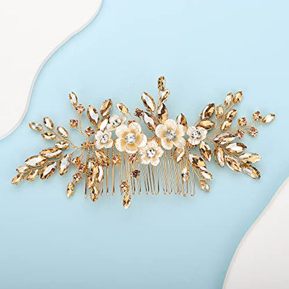 Bridal White Flower Champagne Gold Crystal Rhinestone Hair Comb for Bride Bridesmaid Sliding side Headpieces Wedding Hair Accessories for Women and Girls (Champagne gold) - color: Champagne gold