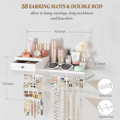 VINAEMO Jewelry Organizer Hanging Wall Mounted Jewelry Holder with Rustic Wood Drawer & Large Capacity Storage Shelf Rack Display for Earrings Rings Necklaces Bracelet(White Iron) - color: White Iron