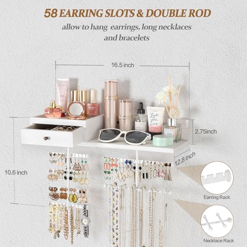 VINAEMO Jewelry Organizer Hanging Wall Mounted Jewelry Holder with Rustic Wood Drawer & Large Capacity Storage Shelf Rack Display for Earrings Rings Necklaces Bracelet(White Iron) - color: White Iron