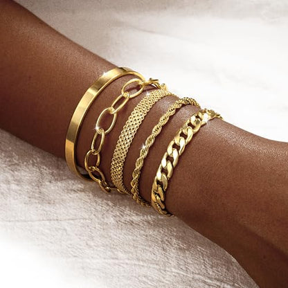 Dainty Bracelet for Women 14K Gold Plated Cross Pearl CZ Leaf Bracelets Set Gold Layering Bracelets Everyday Jewelry - color: 5 Layer Cuff Set -GD