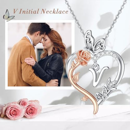 TOUPOP Gifts for Women Her 925 Sterling Silver Rose Heart Initial Necklace Butterfly Heart Jewelry Anniversary Birthday Gifts for Wife Girlfriend Mom - color: V Initial