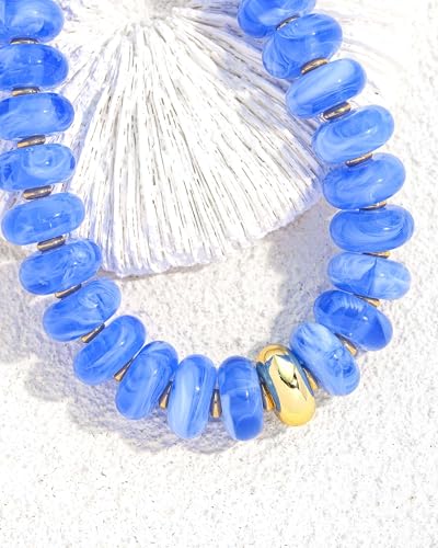 Chunky Beaded Necklace for Women Boho Statement Bead Necklace Adjustable Choker with Polished Disc/Square Beads Trendy Summer Beach Jewelry Gifts - color: Blue