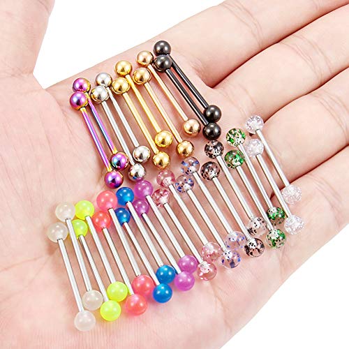 SCERRING 15 Pairs 16G 14G Stainless Steel Tongue Barbell Ring Nippleings Nipple Rings Shinny Acrylic Glow in Dark Balls Body Piercing Jewelry Retainer 14mm 16mm 19mm 22mm - style: 30PCS - 14G 19mm