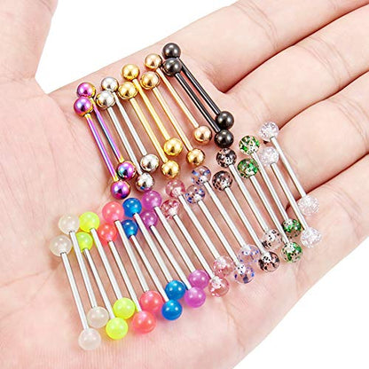 SCERRING 15 Pairs 16G 14G Stainless Steel Tongue Barbell Ring Nippleings Nipple Rings Shinny Acrylic Glow in Dark Balls Body Piercing Jewelry Retainer 14mm 16mm 19mm 22mm - style: 30PCS - 14G 19mm