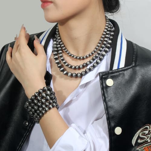 KOSMOS-LI Western Style Multi Layer Necklaces Bracelet Earrings Faux Pearl Cowgirl Beaded Women Jewelry Sets - color: grey21080