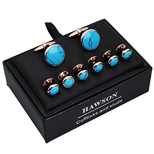 HAWSON Cufflinks and Tuxedo Studs Set for Men with Gift Box, Mother-of-Pearl Cuff links for French Cuff Shirt and Dress Shirt, Suitable for Wedding, Birthday, Party - style: Turkey Stone