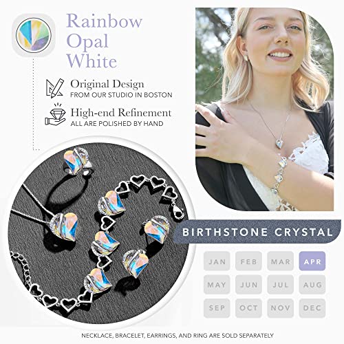Leafael Infinity Love Heart Gift Bracelet for Women, Birthstone or Healing Stone Crystal, Silver Tone Birthday Jewelry for Her, Mom, and Wife, 7-inch Chain and 2-inch Extender - color: 04-April-Rainbow Opal White
