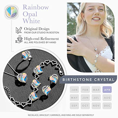 Leafael Infinity Love Heart Gift Bracelet for Women, Birthstone or Healing Stone Crystal, Silver Tone Birthday Jewelry for Her, Mom, and Wife, 7-inch Chain and 2-inch Extender - color: 04-April-Rainbow Opal White