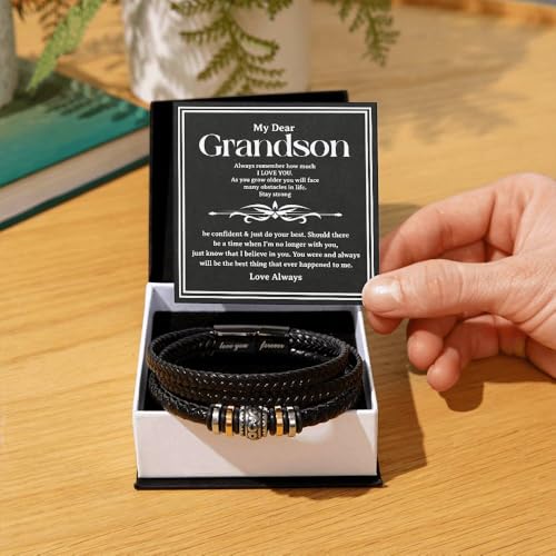 To Our Grandson Bracelet from Grandpa and Grandma - Love You Forever Engraved Leather Wristband with Inspirational Message Card - Sentimental Birthday Graduation Gift for Men, Teen - color: Version-12