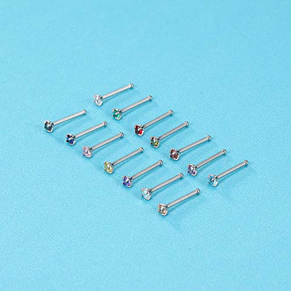 ZS 6-14PCS 20g Tiny Nose Stud Ring Piercing Surgical Steel Nose Bone/L Shaped/Nose Screws Rings Set - color: C:14pcs Nose Bone Style(Mixed Color)