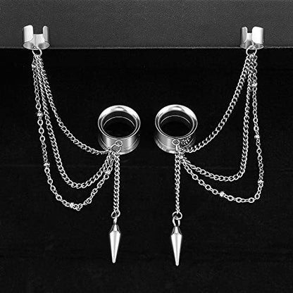 2PCS 6mm-25mm (2G-1") Trendy Cuff Clip Triple Chain Dangle Ear Plugs Gauges Screw Ear Tunnels for Women Men Hypoallergenic 316 Stainless Steel Ear Body Piercing Jewelry - size: 6mm/2g