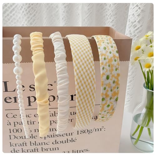Floral Headbands for Girls,5PCS Cute Padded Pearl Headband Ladies Padded Headbands for women Vintage Wide Headband Coquette Accessories (Yellow, 6.29“ x 5.11") - color: Yellow