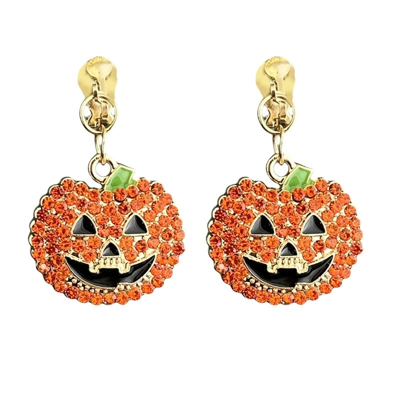 Shiny Rhinestone Ghost Pumpkin Drop Dangle Earrings Crystal All Saints' Day Spooky Earrings Halloween Party Jewelry Gifts for Women - color: Orange Clip-on