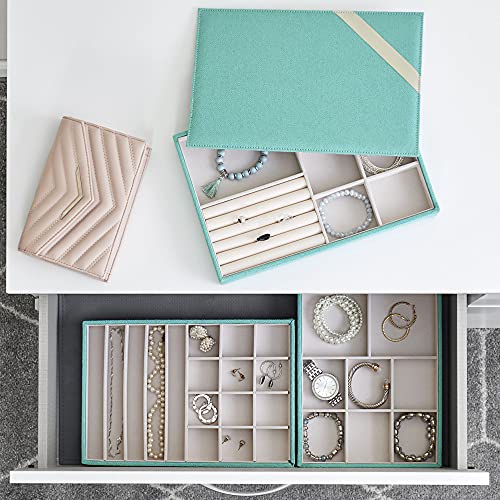 Household Essentials 3-Tier Jewelry Tray, Sturdy Chipboard With Polyester Linen Wrap, Polyester Felt Lining, Many Compartments for Easy Jewelry Access, Stackable, Stylish and Functional, Seafoam Green - color: Teal