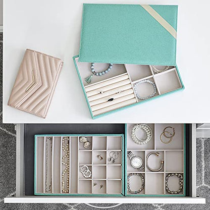 Household Essentials 3-Tier Jewelry Tray, Sturdy Chipboard With Polyester Linen Wrap, Polyester Felt Lining, Many Compartments for Easy Jewelry Access, Stackable, Stylish and Functional, Seafoam Green - color: Teal